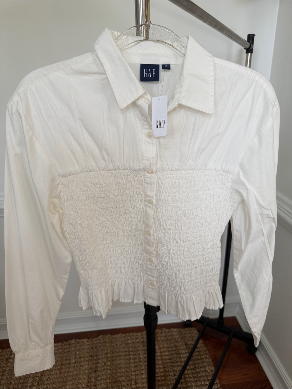 GAP White Smocked Button-Down Long Sleeve Shirt